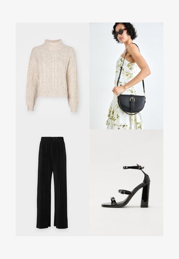 Kremna skrajšana pulover s visokim ovratnikom, ki ima teksturiran kabelski pleten vzorec in dolge, rahlo napihnjene rokave.; Črne plisirane hlače z elastičnim pasom. Imajo široke noge in gladko, teksturirano tkanino z navpičnimi črtami.; Črne lakirane sandale s peto, kvadratnim prstom, trakovi okrog gležnja in srebrnimi zaponkami. Opremljene so s stabilno Debelo peto.; Črna usnjena torbica s ukrivljeno obliko, z odstranljivo naramnico in zlatimi dodatki. Torbica ima pokrov s podrobnostmi v obliki zaponke.