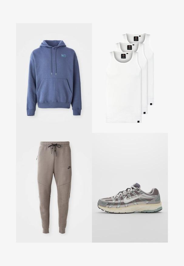 Modra kapuca iz mehkega materiala, ki ima sprednjo žepasto torbico, kapuco z vrvico in majhen vezen logotip na prsih.; Tri bele rebraste majice brez rokavov iz bombaža. Imajo okroglo izreza in majhne črne etikete blizu roba. Na voljo v več velikostih.; Sive Nike trenirke z vrvico v pasu, pripete noge, stranske žepke in izrazitim šivom. Mehka, teksturirana tkanina.; Sive športne čevlje z zgornjim delom iz mrežastega in semiš materiala, belimi akcenti, oblazinjenim podplatom ter edinstvenim dizajnom z odsevnimi elementi.