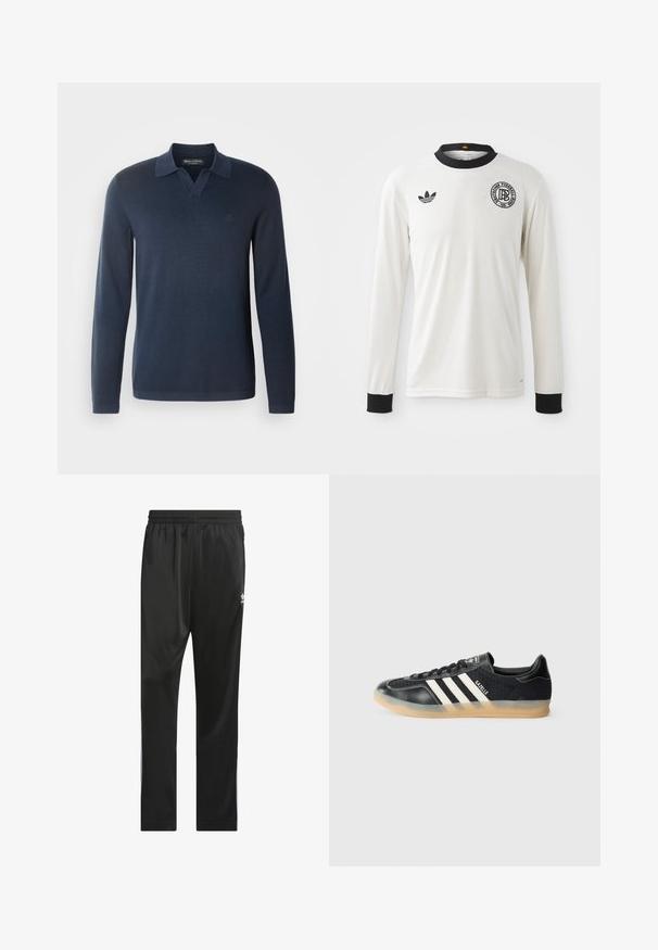 Polo à manches longues marine en tissu doux et texturé. Présente un col en V et un logo brodé subtil sur la poitrine.; Maillot de football à manches longues blanc avec une texture en ribbed, col et poignets noirs, arborant le logo Adidas noir et un emblème graphique circulaire.; Pantalon de sport noir en matériau lisse et léger. Doté d'une taille élastique et de rayures blanches sur les côtés avec un logo sur la cuisse.; Sneaker de sport noir avec des rayures blanches, tissu texturé, bout en cuir lisse et semelle en caoutchouc de gomme. Présente un logo sur la languette.
