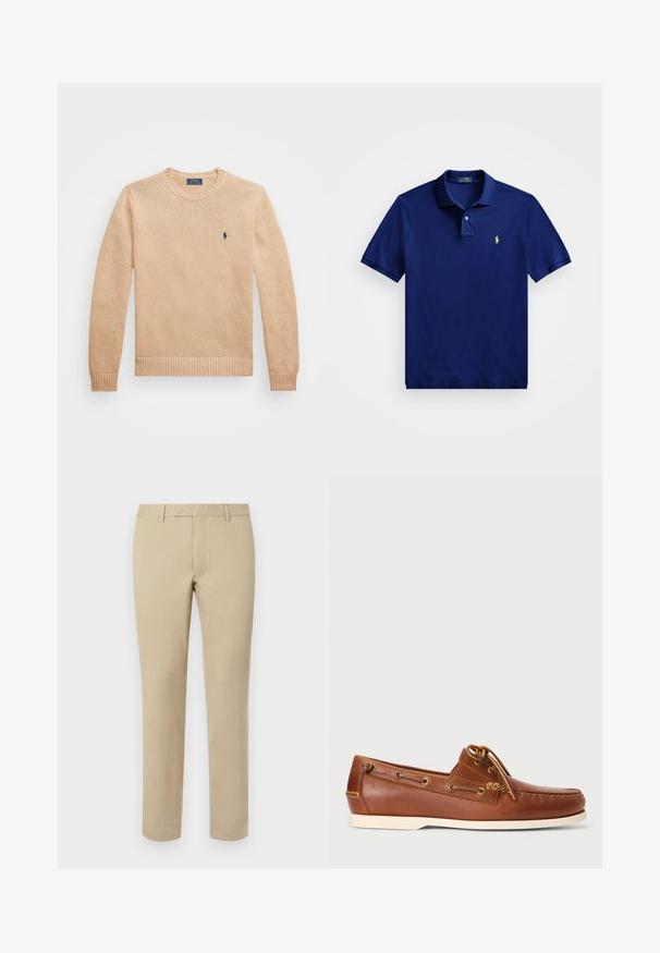 Suéter de malha bege com decote redondo, punhos e bainha canelados, apresentando um pequeno logótipo escuro no peito esquerdo. Textura suave.; Polo azul-marinho feito de algodão macio, com uma pala de três botões, mangas curtas e um logotipo amarelo no lado esquerdo do peito.; Calças de algodão bege com corte reto, apresentando passantes para cinto, frente lisa e bainhas ajustadas. Textura suave e detalhes mínimos.; Sapatilha de barco em pele castanha com atacadores, ilhós dourados e sola em borracha clara. Projetada com um padrão de costura elevada na ponta.