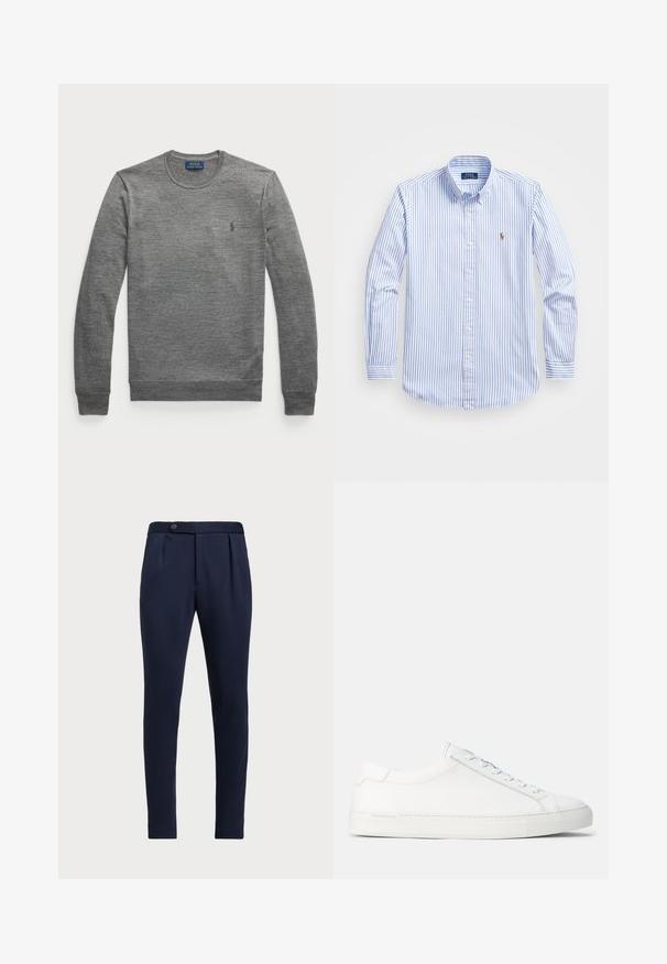 Sweatshirt cinza de manga longa e gola redonda, feito de tecido de malha. Apresenta um pequeno logótipo no lado esquerdo do peito e punhos e barra canelados.; Camisa abotoada listrada em azul claro e branco, com colarinho clássico, mangas longas e um pequeno logotipo bordado no peito.; Calças ajustadas azul-marinho com frente lisa, duas pregas frontais e fecho de botão único, apresentando um tecido liso e texturizado.; Sneakers brancos em couro com textura suave, forma arredondada, sola de borracha plana e atacadores brancos. Apresenta um design minimalista e uma marca discreta.