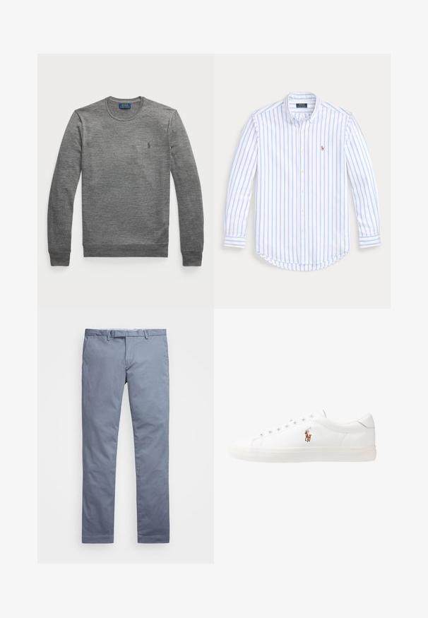 Siva, dolg rokav, pulover s krožnim izrezom, izdelan iz pletenine. Ima majhen logotip na levem prsnem delu ter rebraste manšete in rob.; Svetlo modra in bela prugasta dolgosleečna srajca s gumbki, izdelana iz bombaža, z ukrivljenim robom in majhnim vezenim logotipom na prsih.; Svijetloplave pamučne chinos hlače slim kroja, ravne nogavice, petlje za remen i zatvarač s munjom. Sadrže suptilno šivanje i bez vidljivih uzoraka.; Bela usnjena teniski čevlji, nizki model, z gladko teksturo, okrogle konice, vezavi spredaj ter majhnim vezenim logotipom na strani.