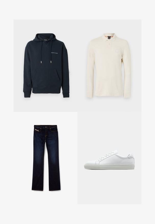 Navy blue huppari, valmistettu puuvillasta, jossa on kengurulaukku ja valkoinen painettu logo rinnassa, sekä hopeiset nyöriakcentit.; Paita polo dengan lengan panjang berwarna beige terang, terbuat dari kain halus, dilengkapi dengan kerah polo, placket dua kancing, dan tambalan logo kecil di dada.; Tummansinisiä farkkuja, joissa on suora lahje, oransseilla ompeleilla, vetoketjulla ja etutaskuilla. Sujuva pinta ja normaali vyötärö.; Valkoinen tennari, jossa on sileä nahkapäällinen ja matala profiili. Ominaisuuksiin kuuluu pyöreä kärki, kuusi rei'itystä ja teksturoitu kumipohja.