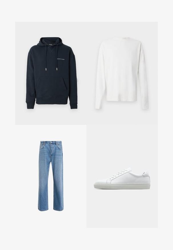 Sötétkék kapucnis pulóver, pamutból készült, kenguruzsebbel és fehér nyomott logóval a mellkason, ezüst színű húzózsinórral.; Hosszú ujjú fehér pamut ing kerek nyakkivágással, az alján oldalsó hasítékokkal és sima textúrával, hátulról bemutatva.; Világoskék farmernadrág, egyenes szárú fazonnal, öt zsebbel, gombos záródással, minimális kopással és kontrasztos varrással.; Fehér sportcipő sima bőr felső résszel és alacsony profilsal. Kerek orr, hat fűzőlyuk és barázdált gumitalp jellemzi.