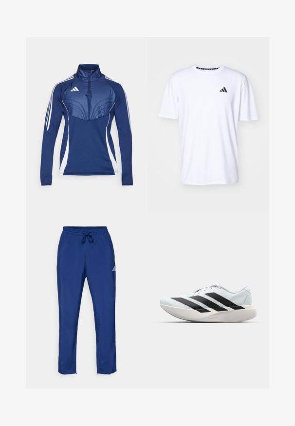 Tume sinine sporditopp, millel on pool tõmblukk krae, valged külgpaneelid ja tekstuuriga paneelid rinnal. Vasakul on Adidas logo.; Valge lühikeste varrukatega T-särk, mis on valmistatud sileda tekstuuriga kangast. Vasakul rinnal on must adidas logo ja mustriline krae.; Tumesinine sportlikud püksid, millel on elastne vöökoht ja nöör. Küljel on diskreetne logo ja sääreõmblustes lukuga avad.; Kerged jooksujalatsid helesinises värvuses mustade triipudega. Omavad siledat pealispinda, ümarat varvase osa ja paksu valget vahemõõtu, millel on silt "LIGHTSTRIKE PRO".