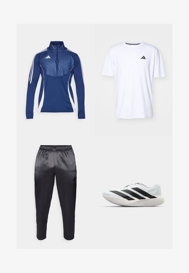 Maglietta sportiva blu navy con colletto a mezza zip, pannelli laterali bianchi e dettagli a pannello testurizzati sul petto. Presenta il logo Adidas sul lato sinistro.; Maglietta bianca a maniche corte realizzata in tessuto con una trama liscia. Presenta un logo adidas nero sul lato sinistro del petto e un colletto con motivo.; Pantaloni sportivi neri realizzati in un tessuto leggero e liscio con una vita elastica. Presentano un piccolo logo sul lato sinistro e gambe affusolate.; Scarpe da corsa leggere di colore azzurro pallido con strisce nere. Presentano una tomaia liscia, punta rotonda e un'ampia intersuola bianca etichettata "LIGHTSTRIKE PRO."
