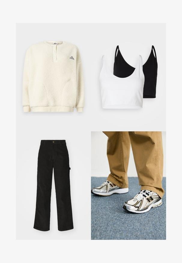 Crème kleurige fleecetop met lange mouwen, knoopsluiting bij de kraag, geribde manchetten en onderrand, en een klein driehoekig logo op de borst.; Twee katoenen crop tops in wit en zwart. Elke top heeft een diepe halslijn en dunne schouderbandjes, met een gladde, zachte textuur.; Zwarte corduroy broek met een recht-pijpen ontwerp, voorzien van een knoopsluiting en zijzak. Gladde textuur met fijne verticale strepen.; Witte en zilveren New Balance sneakers met zwarte accenten en veters, voorzien van een bovenwerk van mesh, een gevoerde zool en een dynamisch ontwerp.