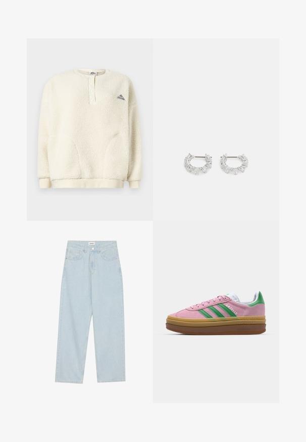 Kreemivärvi fliisist pullover pikkade varrukatega, nööbiga krae, soonikkoes mansetid ja alläär ning väike kolmnurkne logo rinnal.; Heledad helesinine laiemate säärega teksapüksid, mis on valmistatud denimist, sisaldavad keskelt kõrge vöökoha, viit taskut ning nööbiga kinnitamist õhuke metallaccent.; Roosa nahast tossud roheliste triipude, valgete aktsentide ja pruuni kummitaldiga. Omavad tekstuuriga kangast ja logo detaile külgedel.; Hõbedased rõngakõrvarõngad, millel on selged, ristkülikukujulised ja kolmnurkse kujuga kristallid, mis on paigutatud mustriga disaini. Kõrvarõngaid kinnitavad postid, et tagada kindel kinnitamine.