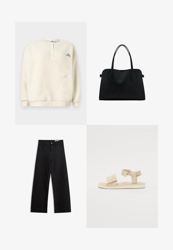 Cremefarvet fleece-pullover med lange ærmer, knappet kraveåbning, ribbede manchetter og kant, samt et lille trekantet logo på brystet.; Sorte wide-leg denim bukser med høj talje, der har front- og baglommer, syede sømme og en knaplukning. Glat tekstur.; Beige sandaler med tekstureret fodseng, justerbare stofremme og et logo mærke på remmen. Letvægts design og flad sål.; Sort læderhåndtaske med dobbelte skulderremme, rektangulær form og minimalistisk design på en hvid baggrund.
