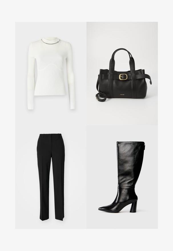 Maglione bianco a maniche lunghe con texture a coste, presenta un motivo a onde sul petto e un accento in catena argentata a livello del collo.; Pantaloni neri su misura con un design a gamba dritta, caratterizzati da una texture liscia e pieghe ben definite sul davanti. Senza hardware visibile.; Stivale in pelle nera, alto fino al ginocchio, con punta affusolata, superficie liscia e tacco spesso. Presenta un dettaglio con zip sul retro.; Borsa a mano in pelle nera con un design strutturato, doppie maniglie superiori, accentuazione in metallo dorato e logo del marchio in rilievo sul davanti.