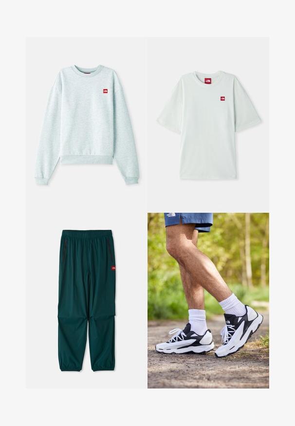 Sweatshirt azul claro em um tecido macio e texturizado. Apresenta um decote redondo canelado e punhos, com um pequeno patch de logotipo vermelho no peito.; T-shirt de manga curta verde claro, feito de algodão macio, com uma pequena etiqueta de logo vermelha na área do peito esquerdo. Corte descontraído e gola redonda.; Calças exteriores em verde-escuro, com cintura elástica, dois bolsos laterais com fecho e punhos elásticos nos tornozelos. Material leve.; Ténis atléticos em preto e branco com parte superior em malha, detalhes texturizados e atacadores brancos. Usados com meias brancas até ao tornozelo e calções azul-marinho numa trilha.