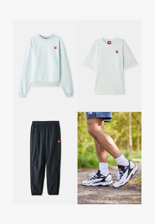 Világoskék pulóver puha, texturált anyagból. Bordás kerek nyakkal és mandzsettákkal rendelkezik, a mellkasán pedig egy kis piros logófolt található.; Világoszöld, rövid ujjú póló, puha pamutból készült, bal mellkasán egy kis piros logó címkével. Laza szabású és kerek nyakkivágású.; Fekete, könnyű szintetikus anyagból készült nadrág, elasztikus derékkal, cipzáras oldalsó zsebekkel és egy kis piros logóval.; Fekete-fehér sportcipők, hálós felső résszel, texturált részletekkel és fehér fűzőkkel. Fehér bokazoknival és tengerészkék sorttal viselve egy ösvényen.