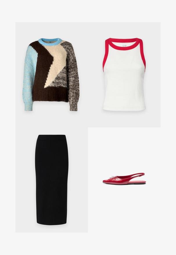 Pusero neuletta, jossa on väriblokki-muotoilu vaaleassa, ruskeassa, vaaleansinisessä ja harmaassa, vaihtelevilla tekstuureilla ja pyöreällä pääntiellä.; Valkoinen ribattu hihaton paita punaisilla yksityiskohdilla kaula-aukossa ja kädenteissä. Ominaisuuksina muotoiltu malli ja suora helma. Teksturoitu kangas. Brändin logo näkyvissä.; Musta neulos-midi-hame, jossa on tiukka siluetti, leveä joustava vyötärö ja sileä rakenne, ilman erottuvia kuvioita tai koristeita.; Punainen nahkainen slingback-mokkasiini, jossa on teräväkärkinen muotoilu ja koristeellinen nauhakiinnitys edessä. Kenkässä on ohut nilkkaremmi ja tasapohja.