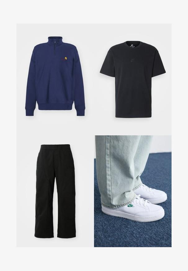 Carhartt WIP HALF ZIP AMERICAN SCRIPT - Sweatshirt - air force blue; Nike black cotton t-shirt with a classic crew neck, short sleeves, and a subtle, embossed logo on the chest. Smooth texture.; Black cotton pants with an elastic waistband, wide leg design, and large side pockets. Fabric appears soft with a smooth texture.; White leather sneakers with green Nike logo, round toe, flat sole, paired with light blue denim pants, shown on a blue carpet.