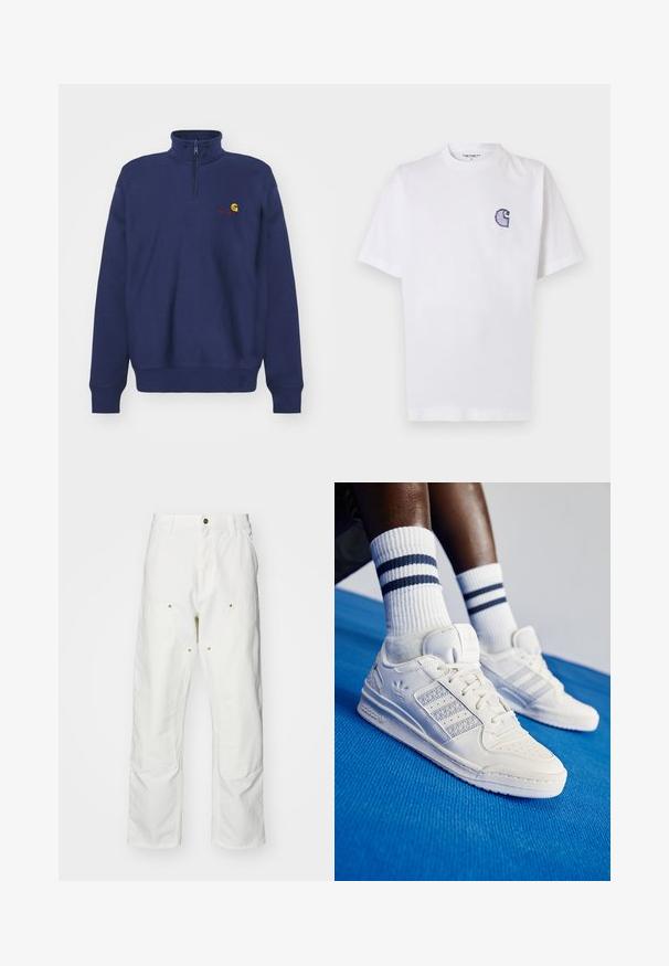 Carhartt WIP HALF ZIP AMERICAN SCRIPT - Sweatshirt - air force blue; White cotton t-shirt with short sleeves, round neckline, and a small, embroidered blue "C" logo on the left chest area.; White cotton cargo pants with a relaxed fit. Features include front pockets, gold hardware accents, and reinforced knee sections.; White leather sneakers with perforated accents, three metallic stripes, and a textured side panel. Worn with white socks featuring blue stripes.