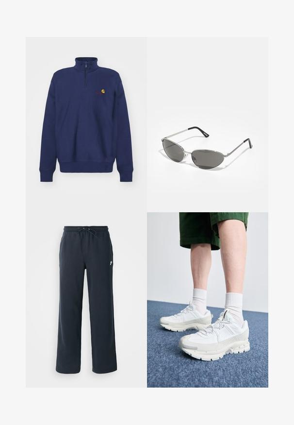 Carhartt WIP HALF ZIP AMERICAN SCRIPT - Pusa - air force blue; Tumedast meresinised dressipüksid elastse vöökoha ja nööriga. Valmistatud pehmest kangast, vasakul puusal väike valge logo.; Valged sportsijalatsid tekstuursete pealsete, kopsaka tallaga ja hallide aktsentidega. Kanda valgete lühikeste sokkidega ja roheliste lühikeste pükstega sinisel pinnal.; Prillispid prillid, millel on peen hõbedane metallraam, hallid toonitud läätsed ja aerodünaamiline disain, millel on teravad servad ja õhukesed varred.