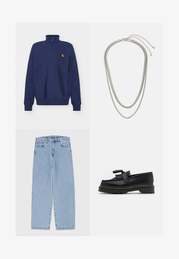 Carhartt WIP HALF ZIP AMERICAN SCRIPT - Melegítőfelső - air force blue; Világoskék farmernadrág egyenes szárú kivitelben, közepes derékkal, öt zsebbel, gombos és cipzáros záródással.; Fekete bőr mokaszin, rojtos díszítéssel, masszív fekete talppal és sárga varrással az élén. Texturált felület.; Háromrétegű ezüstszínű fém nyaklánc, letisztult, rugalmas láncokkal, enyhe fényességgel, homárkapoccsal rögzítve és állítható lánccal.