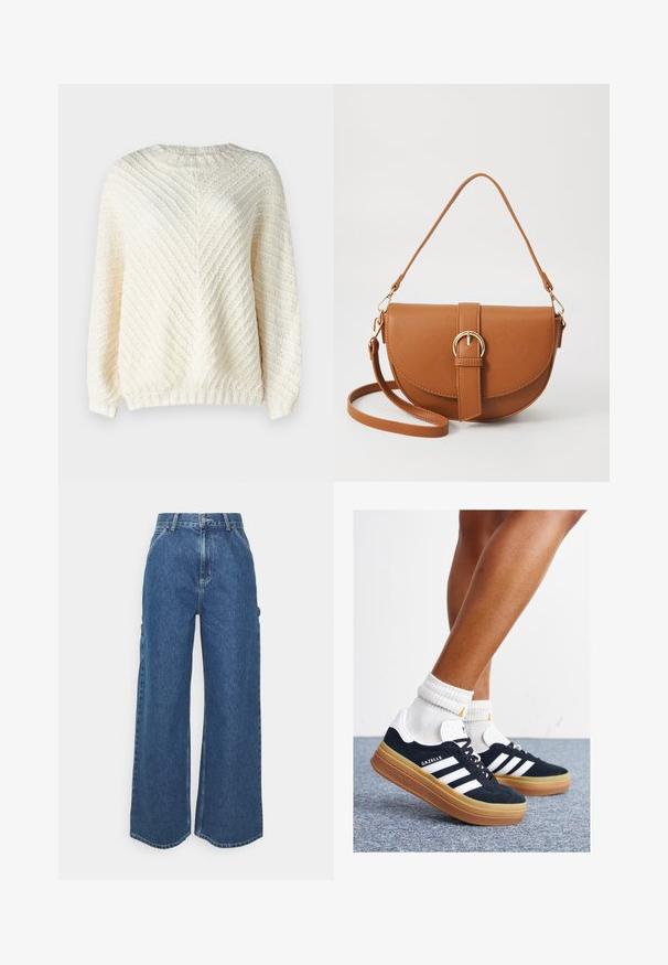 Rip Curl CLASSIC SURF - Pullover - bone; Pantalons en denim bleu à jambes larges avec taille haute, couture contrastée et poches latérales, présentant un design classique à cinq poches et des ourlets bruts.; Baskets en daim noir avec des rayures et des accents blancs, bout arrondi, semelle extérieure en caoutchouc gomme, associées à des chaussettes blanches côtelées mi-mollet.; Sac bandoulière en cuir marron avec une forme incurvée, quincaillerie dorée et un accent en boucle. Comprend une bandoulière détachable.