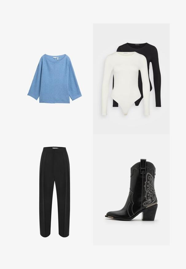 Svijetloplava, teksturirana pletena majica s širokim izrezom i izrezima do tri četvrtine. Ima opušteni kroj i detalj središnjeg šava.; Dva bodija dugih rukava u bijeloj i crnoj boji. Napravljen od glatkog materijala, s okruglim dekolteom i gaćicama za izazovno nošenje.; Crne široke hlače s visokim strukom, s glatkom teksturom i dva prednja nabora. Dizajnirane s čistim, krojenim oblikom.; Crne kožne kauboj čizme s bijelim šavovima i ukrasnim dizajnom sa strane. Potpetica je masivna i teksturirana, s metalnim naglaskom.