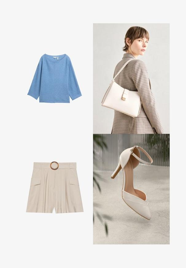 Jasnoniebieska, teksturowana bluzka z dzianiny z szerokim dekoltem i rękawami do łokcia. Charakteryzuje się luźnym krojem i detalem na środku szwu.; Beżowe szorty z wysokim stanem, z szerokim, płaskim paskiem, drewnianą okrągłą klamrą, plisowanym przodem i dwoma bocznymi kieszeniami. Gładka faktura materiału.; Białe buty na wysokim obcasie z gładkiego materiału, z wypłaszczonym noskiem i paskiem na kostkę. Wnętrze w jasnym odcieniu brązu, z akcentami w kolorze złotym.; Biała skórzana torebka o strukturalnym wzorze, z magnetycznym zapięciem i paskiem na ramię, zaprezentowana na neutralnym tle.
