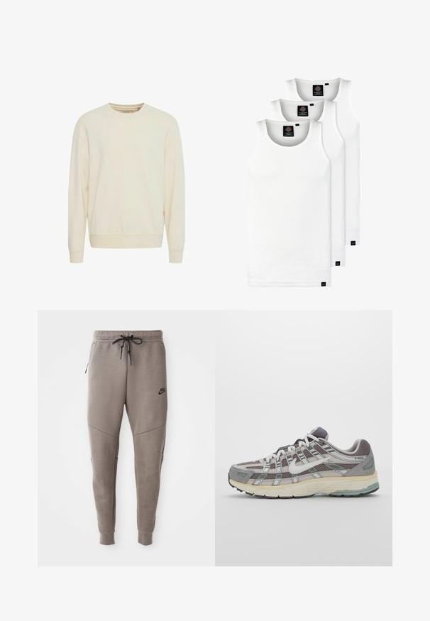 Felpa leggera beige, collo a giro, maniche lunghe, tessuto morbido, polsini e orlo a coste, spacchetti laterali per una maggiore libertà di movimento, design minimalista.; Tre canotte bianche a coste in cotone. Presentano un colletto rotondo e piccole etichette nere vicino all'orlo. Disponibile in diverse taglie.; Pantaloni sportivi Nike grigi con cintura regolabile, gambe affusolate, tasche laterali e dettagli di cucitura distintivi. Tessuto morbido e texture.; Scarpa sportiva grigia con tomaia in mesh e suede, dettagli bianchi, suola ammortizzata e un design distintivo con elementi riflettenti.