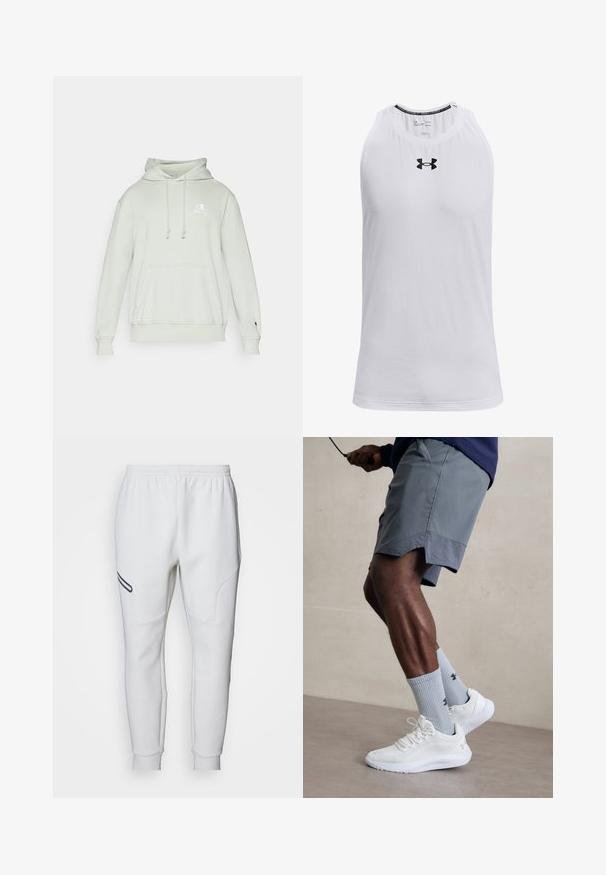 Sudadera verde claro hecha de una tela suave que cuenta con capucha ajustable, bolsillo delantero y logo bordado en el pecho. Puños y dobladillo acanalados.; Camiseta sin mangas blanca hecha de tela suave, con un escote redondo y un logo negro de Under Armour en el pecho.; Pantalones de chándal blancos con una textura suave y lisa. Presenta paneles laterales curvados y una franja de acento negra. Cintura elástica para un ajuste ajustable.; Zapatillas deportivas blancas con parte superior de malla texturizada, combinadas con calcetas de canalé azul claro que cuentan con un logo. Pantalones cortos deportivos grises con borde perforado.
