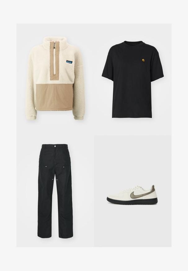 KAVU ROCKHAVEN - Fleece jumper - chalk; Black cotton t-shirt with a relaxed fit. Features a round neck and short sleeves. Includes a small gold embroidered logo on the chest.; Black trousers with a straight-leg design, made of a textured fabric. Features decorative silver hardware and unique seam detailing.; Nike Sportswear FIELD GENERAL - Trainers - off-white/black