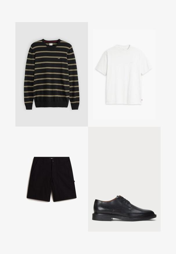 Czarny sweter z poziomymi żółtymi paskami, prążkowany okrągły dekolt i mankiety; małe logo na lewej piersi.; Biała bawełniana koszulka z krótkim rękawem, okrągłym dekoltem i dyskretnym logo Levi's nadrukowanym na środku. Miękka tekstura i standardowy krój.; Czarne szorty bawełniane, z klasycznym paskiem, dwiema przednimi kieszeniami i luźnym krojem. Prosty design bez widocznych wzorów.; Czarne skórzane buty wizytowe z okrągłym noskiem, sznurowanym zapięciem i niskim, warstwowym obcasem. Gładka faktura z minimalnymi detalami stębnowania.