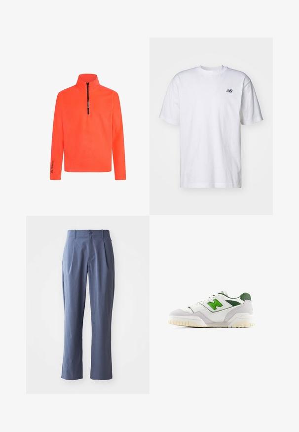 Oranje pullover met een ritssluiting in de hals, lange mouwen en 'Polartec' branding op de mouw. Heren met een gladde textuur en een levendige kleur voor zichtbaarheid.; Witte korte mouwen crew neck T-shirt met klein zwart New Balance-logo op de linkerkant van de borst tegen een effen achtergrond.; Marineblauwe broek met plooien, recht gesneden, gemaakt van lichtgewicht stof, met een enkele sluiting met knoop aan de voorkant en riemlussen.; Witte sneaker met groene accenten, gemaakt van leer en suède. Heeft een gestructureerde bovenkant, een gevoerde kraag en een rubberen zool met zichtbare loopnoppen.