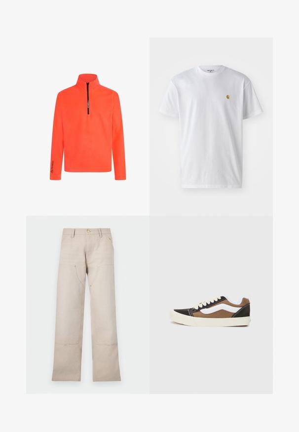 Oranžový pulóver so zipsom na krku, dlhými rukávmi a značkou 'Polartec' na rukáve. Hladká textúra a živá farba pre dobrú viditeľnosť.; Biele bavlnené tričko s krátkymi rukávmi, okrúhlym výstrihom, s malým zlatým logom na ľavej strane hrude. Mäkká textúra a normálny strih.; Béžové bavlnené nohavice so strihom rovný nohavíc, s dvoma prednými vreckami a dvoma zipsovými detailmi. Zlato-tonové kovanie.; Čierne a hnedé tenisky s bielymi akcentmi, z plátna, nízkoprofilový dizajn, okrúhla špička a béžová gumená podrážka. Obsahujú kontrastné šitie.