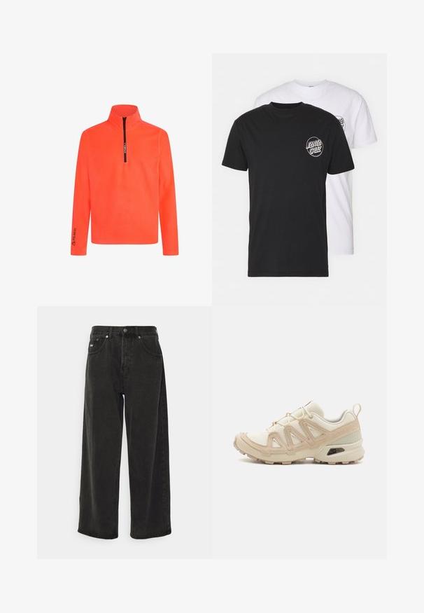 Pullover arancione con collo a zip, maniche lunghe e branding 'Polartec' sulla manica. Tessuto liscio e colore vivace per una buona visibilità.; Confezione di due t-shirt: una nera e una bianca. Entrambe hanno maniche corte e un logo circolare sul petto in un colore a contrasto. Materiale in cotone.; Obey Clothing BIGWIG BAGGY - Jeans baggy - black; Scarpa atletica beige e crema con tomaia in mesh testurizzato, sovrapposizioni supportive e suola in gomma con un motivo a tasselli per la trazione.