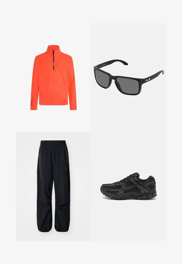 Suéter naranja con cuello de cremallera, mangas largas y la marca 'Polartec' en la manga. Textura suave y color vibrante para mayor visibilidad.; Pantalones cargo ligeros negros con cinturilla elástica, cremalleras laterales y bolsillos amplios. Presentan un corte holgado y puños ajustados.; Zapatilla deportiva negra con parte superior de malla, suela de goma y acentos texturizados. El diseño incluye un sistema de lazado pronunciado y una suela acolchada.; Gafas de sol negras con un armazón de plástico grueso, lentes gris oscuro y sutiles acentos metálicos en las varillas. Forma cuadrada con textura suave.