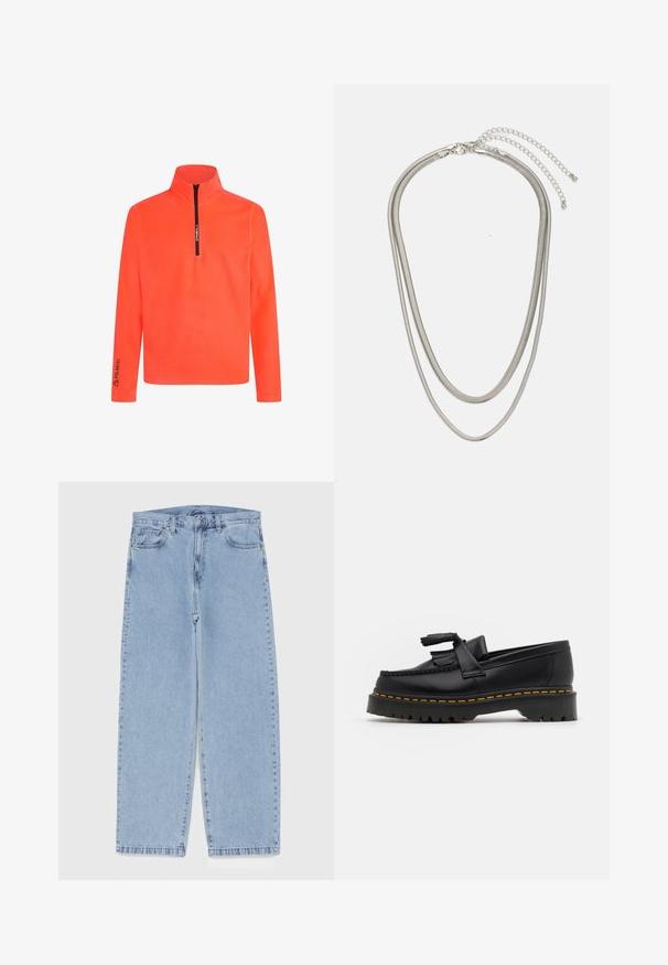 Oranje pullover met een ritssluiting in de hals, lange mouwen en 'Polartec' branding op de mouw. Heren met een gladde textuur en een levendige kleur voor zichtbaarheid.; Lichtblauwe denim jeans met een recht model, voorzien van een middelhoge taille, vijf zakken en een knoop- en ritssluiting.; Zwarte leren loafers met een franjesaccent, voorzien van een dikke zwarte zool en gele stiksels langs de rand. Gevoelige afwerking.; Driedelige zilveren metalen halsketting met slanke, flexibele kettingen met een lichte glans, beveiligd met een karabijnhaak en een verstelbare ketting.