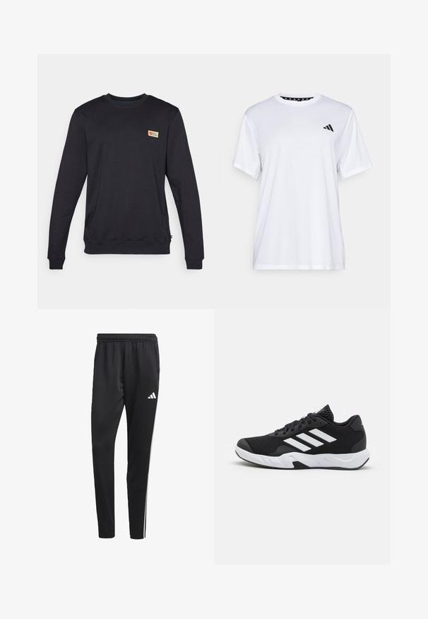 Sweatshirt preto de gola redonda com mangas longas, feito de material macio. Apresenta um pequeno logótipo colorido no canto superior esquerdo do peito.; Camiseta atlética branca de mangas curtas, feita de tecido que absorve a humidade. Apresenta um logótipo preto no lado esquerdo do peito e um decote interior com padrão.; Calças de treino pretas com um cós elástico, riscas laterais brancas e um pequeno logotipo branco na coxa. Feitas de um material leve e suave.; Tenis negros desportivos com um superior em malha texturizada, riscas brancas de destaque, sola acolchoada e um calcanhar reforçado para suporte.