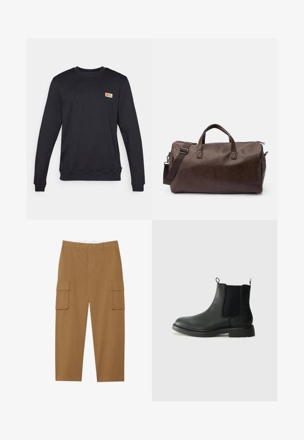 Musta crew neck -huppari pitkillä hihoilla, valmistettu pehmeästä materiaalista. Ylävasemmassa rinnassa on pieni, värikäs logo.; Ruske hlače s cargo stilom, s dva bočna džepa, ravnim prednjim dijelom i ravnim nogavicama. Izrađene su od izdržljive tkanine s glatkom teksturom.; Mustat nahkaiset Chelsea-saappaat, joissa on joustavat sivupaneelit, vetolenkit, pyöristetyt varpaat ja teksturoitu kumipohja. Sileä pinta ja kestävä muotoilu.; Ruskea synteettisestä nahasta valmistettu viikonloppulaukku, jossa on kaksoiskahvat ja säädettävä olkahihna. Varustettu vetoketjulla ja suorakulmaisella pohjamuodolla.