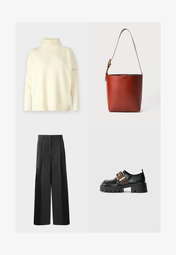 WEEKEND MaxMara BORGIA - Jersey de punto - latte; Pantalones de pierna ancha negros con cintura alta, que presentan pliegues en la parte delantera, una textura suave y un acabado a medida. Diseñados para un ajuste relajado.; Zapato de cuero negro con suela gruesa, que presenta una correa con hebilla dorada y un acento texturizado marrón. Punta redondeada y diseño minimalista.; Bolso de cuero marrón tipo cubo con correa para el hombro ajustable y hebilla dorada, con un simple detalle de costura vertical en la parte frontal.