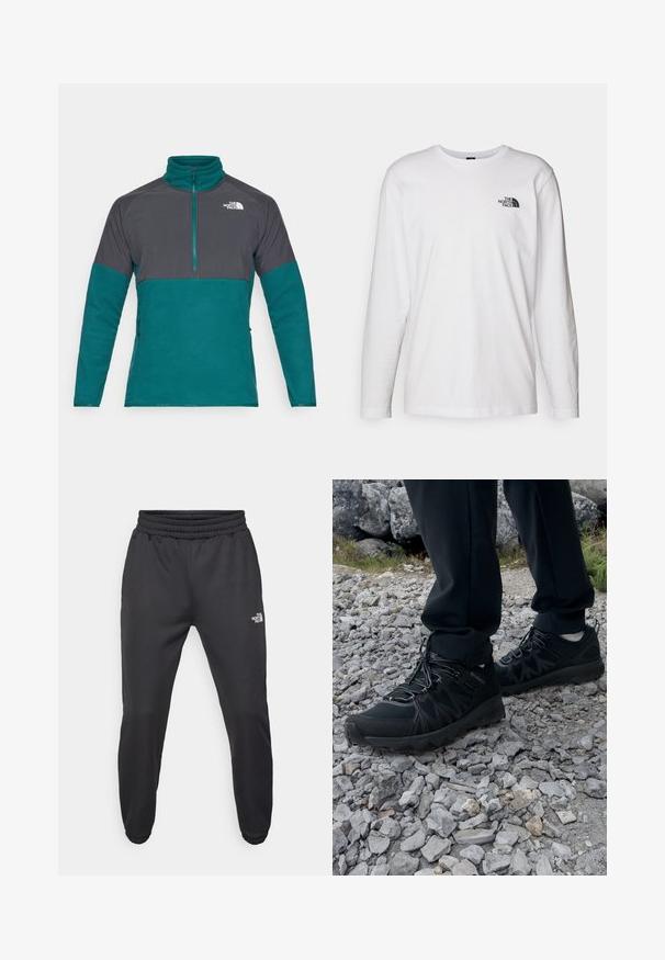Pullover in fleece teal e grigio scuro con mezzo zip, collo alto e logo. Presenta pannelli a contrasto e tasche laterali con zip.; T-shirt bianco a maniche lunghe in cotone con colletto rotondo. Presenta un piccolo logo nero sul petto. Texture liscia, vestibilità regolare.; Pantaloni sportivi neri con vita regolabile tramitecordino, vestibilità affusolata, polsini elasticizzati e un piccolo logo bianco sulla coscia sinistra, realizzati in tessuto morbido.; Scarpe da esterni nere realizzate in mesh e materiale sintetico, con una parte superiore testurizzata, un sistema di allacciatura sicuro e una suola robusta, su terreno roccioso.