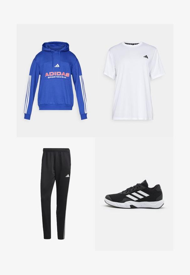 Sweatshirt azul da Adidas com riscas brancas nas mangas, bolso canguru na frente e logótipo vermelho da Adidas Sportswear no peito.; Camiseta atlética branca de mangas curtas, feita de tecido que absorve a humidade. Apresenta um logótipo preto no lado esquerdo do peito e um decote interior com padrão.; Calças de treino pretas com um cós elástico, riscas laterais brancas e um pequeno logotipo branco na coxa. Feitas de um material leve e suave.; Tenis negros desportivos com um superior em malha texturizada, riscas brancas de destaque, sola acolchoada e um calcanhar reforçado para suporte.