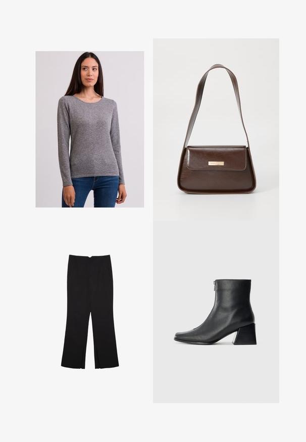 Maglione grigio a maniche lunghe realizzato in un tessuto morbido, con scollatura rotonda e texture uniforme, abbinato a jeans blu scuro.; Pantaloni neri a gamba dritta, con tasche frontali e spacchi laterali all'orlo. Realizzati in tessuto morbido e liscio. Adatti a diverse occasioni.; Stivaletto in pelle nera con punta quadrata, cerniera laterale e tacco squadrato su sfondo chiaro uniforme.; Borsa a spalla in pelle marrone con una forma strutturata, dotata di chiusura a patta magnetica e un accento di logo metallico sul davanti.