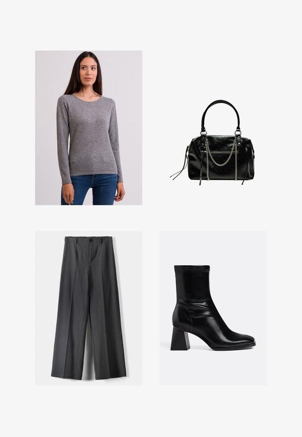 Szary sweter z długim rękawem, wykonany z miękkiej tkaniny, o okrągłym dekolcie i jednolitym wzorze, w połączeniu z ciemnoniebieskimi dżinsami.; Spodnie o szerokich nogawkach w ciemnoszarym kolorze, z zapięciem na guzik, plisami z przodu i szlufkami na pasek. Gładka faktura z dopasowanym krojem.; Czarne skórzane botki za kostkę o gładkim wykończeniu, kwadratowym nosku i fakturowanym obcasie w kształcie bloku. Charakteryzują się elastycznym projektem kostki oraz widocznym przeszyciem.; Bershka - Torebka