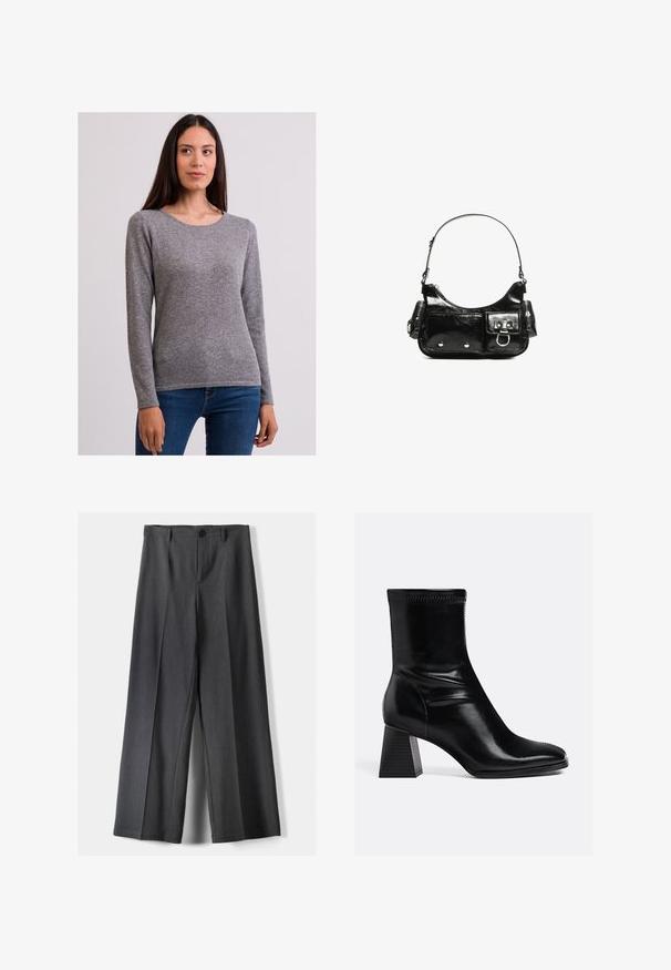 Grå langærmet sweater lavet af blødt stof med rund halsudskæring og ensartet struktur, parret med mørkeblå jeans.; Vidde-bukser i mørkegrå stof med knaplukning, frontfolder og bæltestropper. Glat tekstur med et skræddersyet design.; Sorte læder ankelstøvler med en glat finish, firkantet tå og en struktureret blokhæl. Har elastisk ankeldesign og synlige syninger.; Sort patenteret læder håndtaske med en buet form, en skulderrem, frontlommer og hardware accenter i sølvfarve.