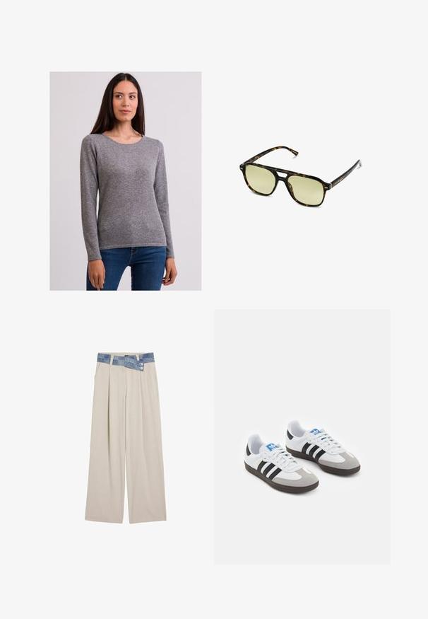Szary sweter z długim rękawem, wykonany z miękkiej tkaniny, o okrągłym dekolcie i jednolitym wzorze, w połączeniu z ciemnoniebieskimi dżinsami.; Jasnobeżowe szerokie spodnie z denimu w talii, z dwoma guzikami i plisowanymi detalami z przodu. Gładka tekstura i luźny krój.; Buty sportowe z białą skórzaną cholewką, szarym zamszowym noskiem i trzema czarnymi paskami. Posiadają niebieskie logo na języku oraz teksturowaną gumową podeszwę.; Słoneczne okulary w kratkę w kształcie prostokąta, z soczewkami w zielonym odcieniu i wzorzystymi ramkami z acetatu. Posiadają metalowe akcenty w pobliżu soczewek.