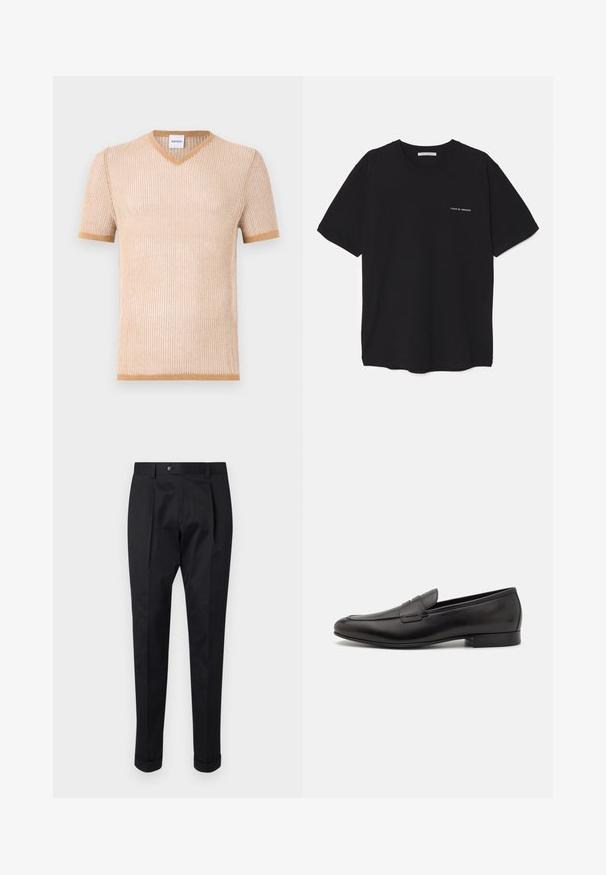 Beige lyhythihainen V-kaula-aukko t-paita, jossa on neulottu rakenne ja kontrastiväriset ruskeat reunat kauluksessa ja hihoissa.; Musta puuvillapaita, jossa on pyöreä kaula-aukko, lyhyet hihat ja valkoinen logopainatus vasemmassa rinnassa. Yksinkertainen, tasavärinen design.; Musta housut, jotka on valmistettu sileästä kankaasta, ja niissä on etuosassa laskos, nappisulku sekä käänteet nilkassa.; Musta nahkakengät, joissa on tyylikäs muotoilu, pyöreä nenä ja matala pino korko. Ylhäällä koristeellinen ompelutaito.