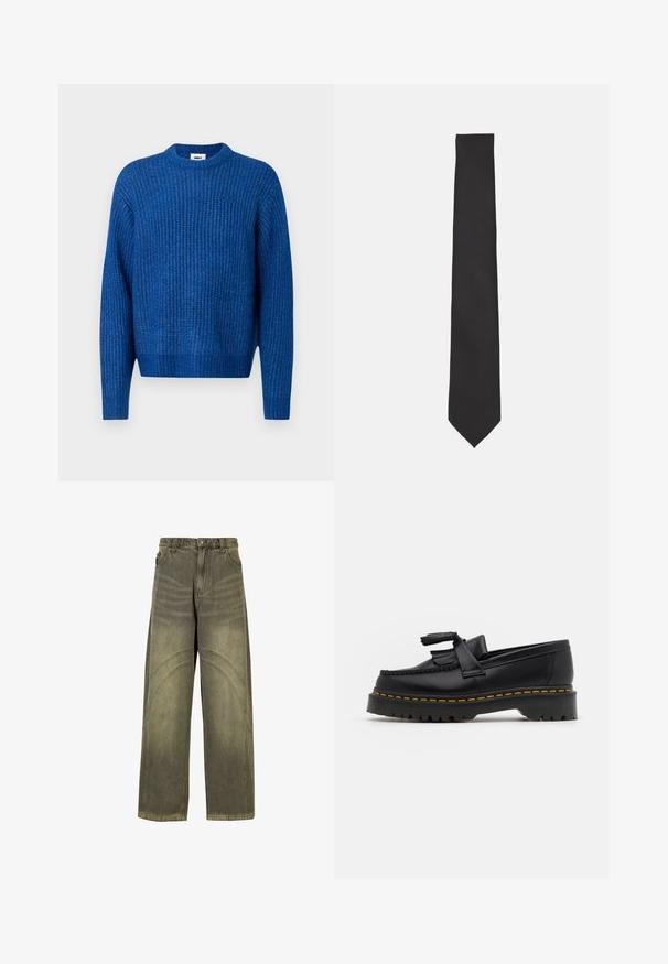 Pulover albastru tricotat cu textură rib, gât rotund și mâneci lungi. Are un logo discret și o croială lejeră.; Jeans cu picioare largi din denim verde măsliniu, prezentând accente de cusături curbe, închidere cu buton clasic și un finisaj ușor decolorat.; Mocasini din piele neagră cu un accent ciufulit, având o talpă groasă neagră și cusături galbene pe margine. Finisaj texturat.; Papion negru din țesătură fină, cu o formă subțire și alungită, având o vârf ascuțit și fără modele sau accente vizibile.