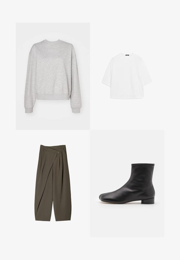 Lichtgrijze sweatshirt met een klassieke ronde hals, verlaagde schouders en ribgebreide manchetten en zoom. Zachte textuur en een ontspannen pasvorm.; Witte oversized t-shirt van zachte katoen. Heeft korte mouwen, een ronde halslijn en een ontspannen pasvorm zonder zichtbare patronen of accenten.; Ruime broek in donkergroen stof, met een geplooide voorkant, een knoopsluiting en een gepolijste, gestructureerde afwerking.; MM6 Maison Margiela BOOT - Korte laarzen - black