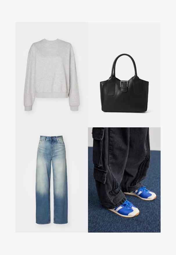 Gaiši pelēks džemperis ar klasisku apaļu kakla izgriezumu, nokritušiem pleciem un ribotiem piedurkņu galiem un apakšmalai. Mīksta tekstūra un brīvs piegriezums.; Gaiši zili platajām džinsiem ar augstu jostasvietu, izgatavoti no denima, ar izbalējušu grāfiku, pieciem kabatām un metāla aksesuāriem.; Cilvēks, kurš valkā brīvus melnus cargo bikses un zilas un baltas kedas, stāv uz tumši zilā paklāja.; Melnas ādas somiņa ar gludu tekstūru, strukturētu formu, divām rokturām un izteiktu sudraba sprādzi priekšpusē.; Sudraba apli auskari ar teksturētu, organisku dizainu. Katrai auskaram ir gluda, noapaļota forma un pulēta virsma.