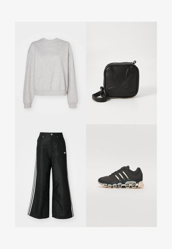 Svijetlosivi dukserica s klasičnim izrezom oko vrata, spuštenim ramenima te rebrastim manžetama i rubom. Mekana tekstura i opušten fit.; Crne široke traper hlače s tri bijele pruge sa svake strane i malim bijelim logom. Ima prednje džepove i preklop s gumbom.; Crne atletske tenisice s teksturiranim gornjim dijelom, tri srebrne pruge i posebnim potplatom s višestrukim integriranim sekcijama.; Crna kvadratna torbica preko tijela napravljena od teksturiranog sintetičkog materijala. Ima urezani dizajn logotipa i podesivu traku. Zatvaranje na patentni zatvarač.