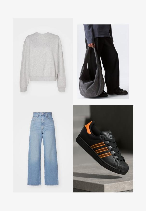 Vaaleanharmaa collegepusero, jossa on klassinen pyöreä kaula-aukko, alaslasketut olkapäät ja resorit hihoissa ja helmassa. Pehmeä materiaali ja rento istuvuus.; Vaalean siniset korkeavyötäröiset löysät farkut, joissa on etuvetoketju ja nappikiinnitys, sekä edessä että takana taskut, valkoista taustaa vasten.; Musta sneaker oransseilla yksityiskohdilla, kolme vaakasuuntaista raitaa, tekstuuri-nahkapinta, kuminen varvaskansi ja mustat nauhat.; Harmaa kangaskassi, jossa on rento muotoilu, sileä pinta ja leveät hihnat. Kassi pidetään henkilön kädessä, joka on pukeutunut tummiin housuihin.