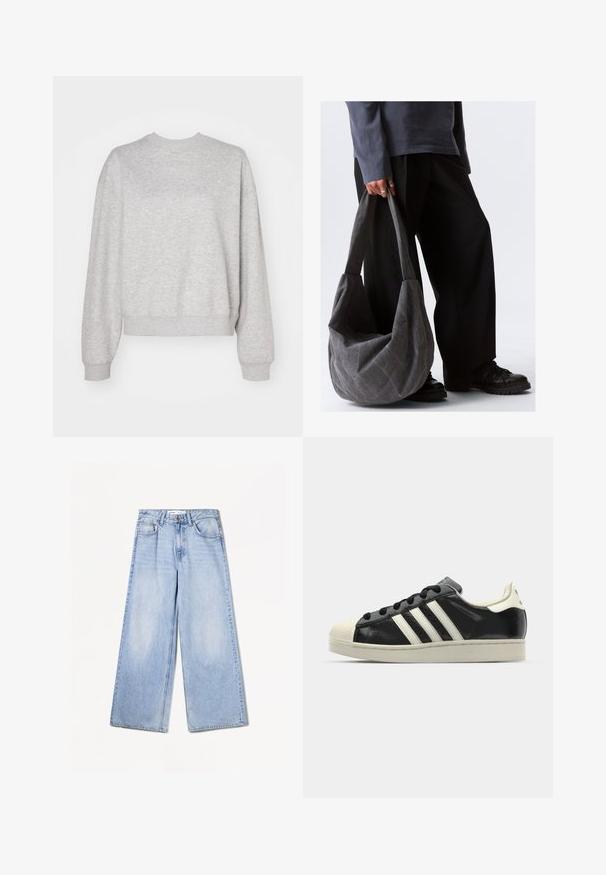 Világosszürke pulóver klasszikus kerek nyakkal, ejtett vállakkal és bordás mandzsettával és aljjal. Puha tapintású és laza szabású.; Bershka WIDE-LEG - Széles szárú - light-blue denim; Fekete bőrsneaker fehér csíkokkal, gumírozott orral, fekete fűzővel és krém színű talppal. Simaság és fényes felület jellemzi.; Szürke anyagú, laza formájú válltáska, sima felülettel és széles pántokkal. A táskát egy sötét nadrágot viselő személy tartja.