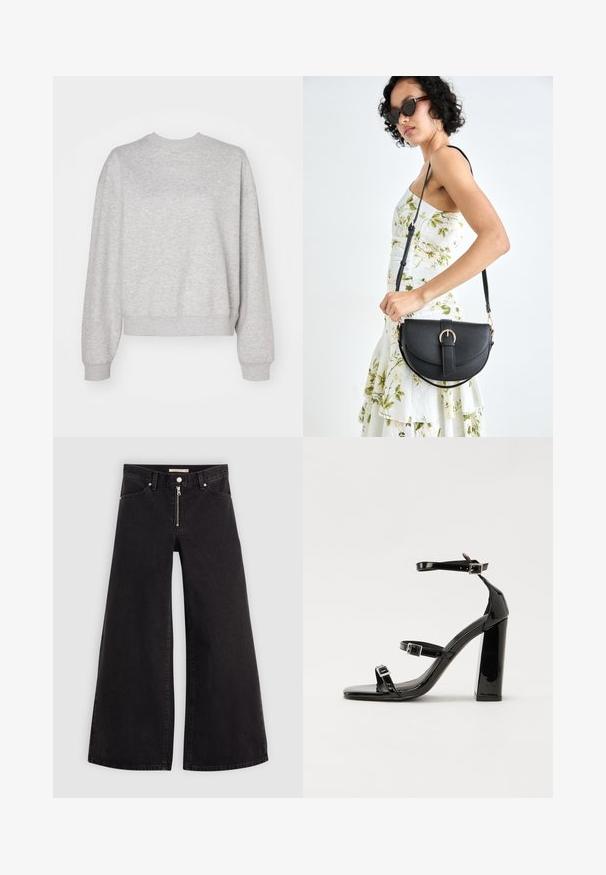 Jasnoszara bluza z klasycznym okrągłym dekoltem, opuszczonymi ramionami oraz ściągaczami przy mankietach i dolnym brzegu. Miękka tekstura i luźny krój.; Jeans o szerokich nogawkach w czarnym denienie z zamkiem błyskawicznym z przodu, pięcioma kieszeniami i subtelnymi detalami przeszycia. Gładka tekstura i swobodny styl.; Czarne lakierowane sandały na obcasie z kwadratowym noskiem, z paskami wokół kostki i srebrnymi klamrami. Posiadają masywny słupek dla stabilności.; Czarna skórzana torebka o zakrzywionym kształcie, z odpinanym paskiem i złotymi akcentami. Torebka posiada klapę z zapięciem w kształcie klamry.